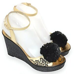 Kate Spade Cream Gold Black Leather Ankle Strap Pom Bow Sandals Wedges Heels 8